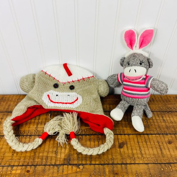 Lot of 2-Kids Sock Monkey Beanie/ Hat- Arizona & Small Sock Monkey Plush Dan Dee - Picture 4 of 15